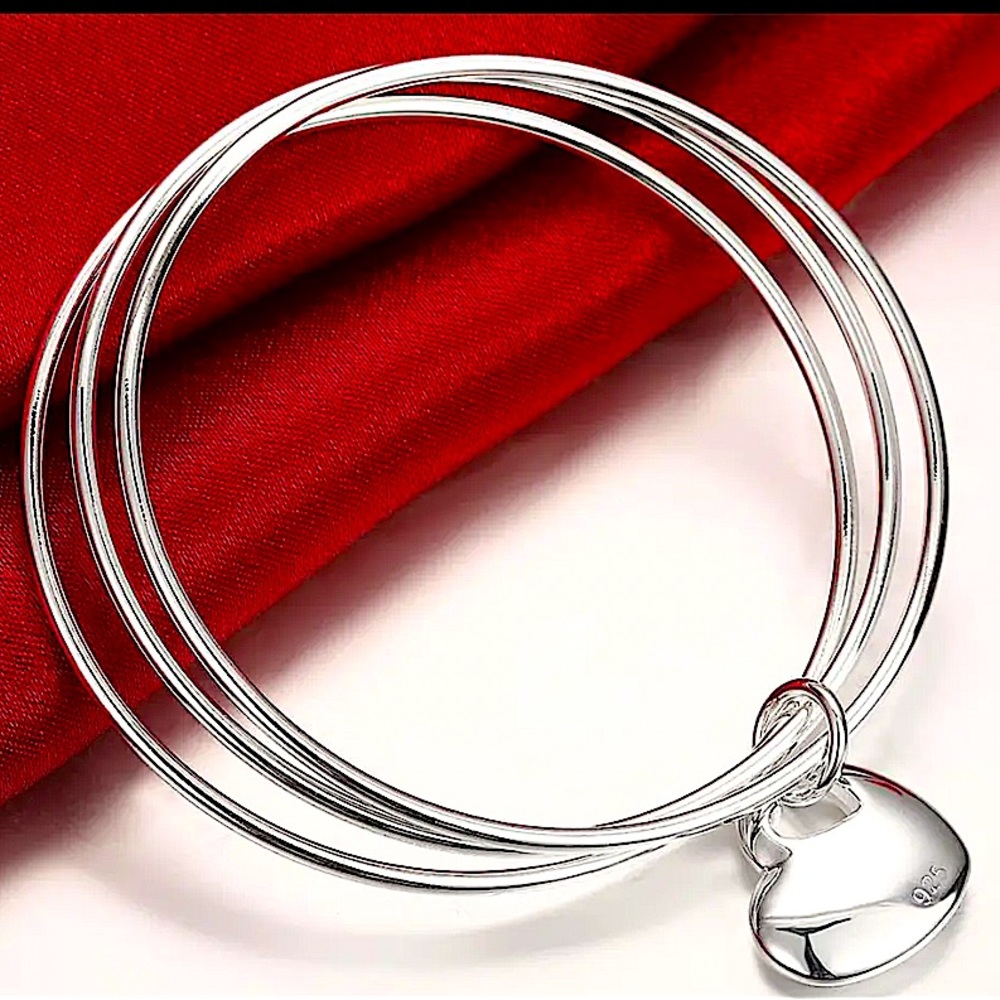 Sterling Silver Heart Bangle Bracelet Stackable Minimalist Charm Three Piece